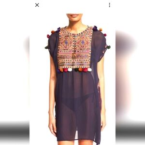 Figue Pompom Embroidered Sheer CoverUp Dress...Size Med…